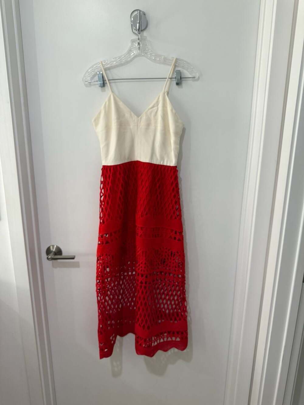Karina Grimaldi Two-Tone V-Neck Spaghetti Strap Crochet Midi Dress